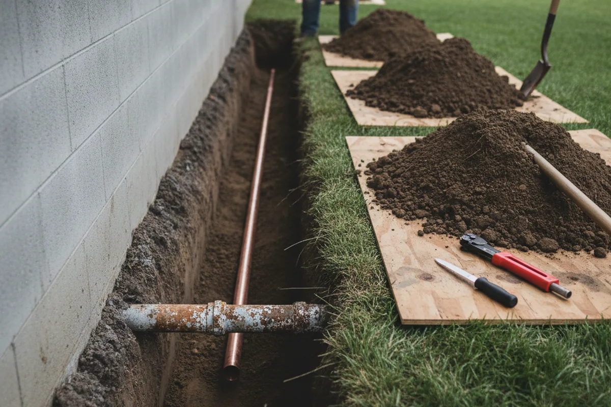 Excavated water line trench during Water Softener Installation in La Center
